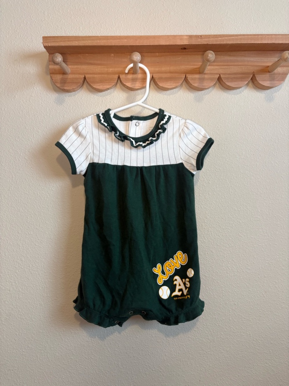 Green & White Baby Romper with Oakland A's Love Graphic